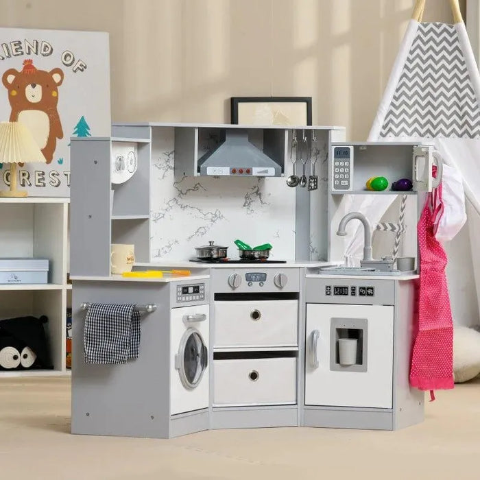 Grey and white kids wooden kitchen playset with accessories, apron, and play food items