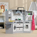 Grey and white kids wooden kitchen playset with accessories, apron, and play food items