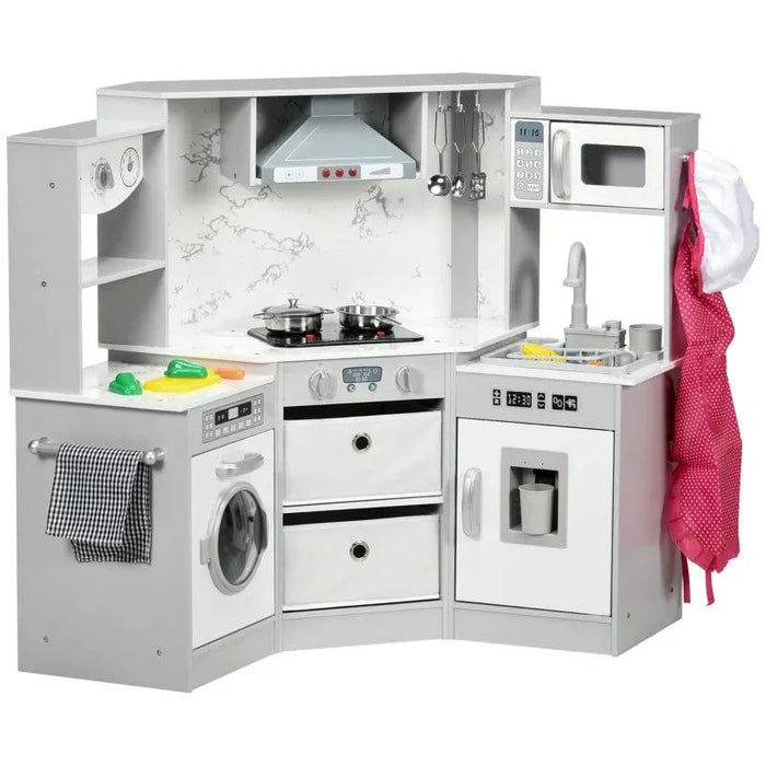 Kids wooden kitchen playset in grey and white with chef costume and accessories