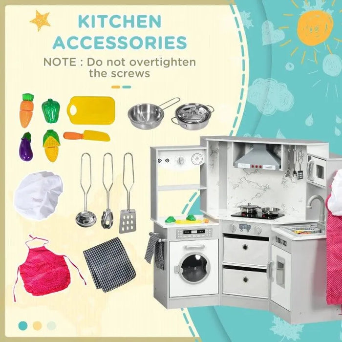 Kids wooden kitchen playset in grey and white with chef costume and toy kitchen accessories.