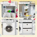 Kids wooden kitchen playset in grey and white with microwave, storage shelves, washing machine, and non-woven drawers.