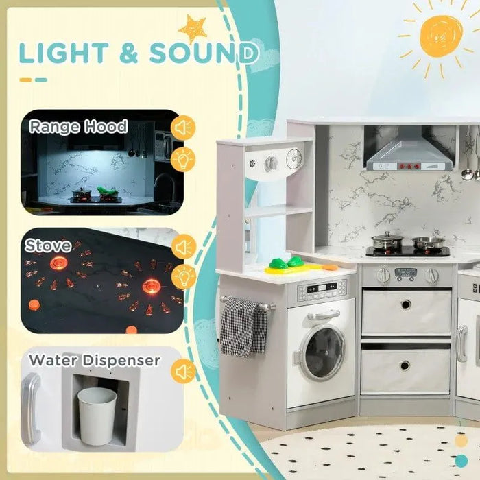 Kids grey and white wooden kitchen playset with stove, range hood, and water dispenser features.