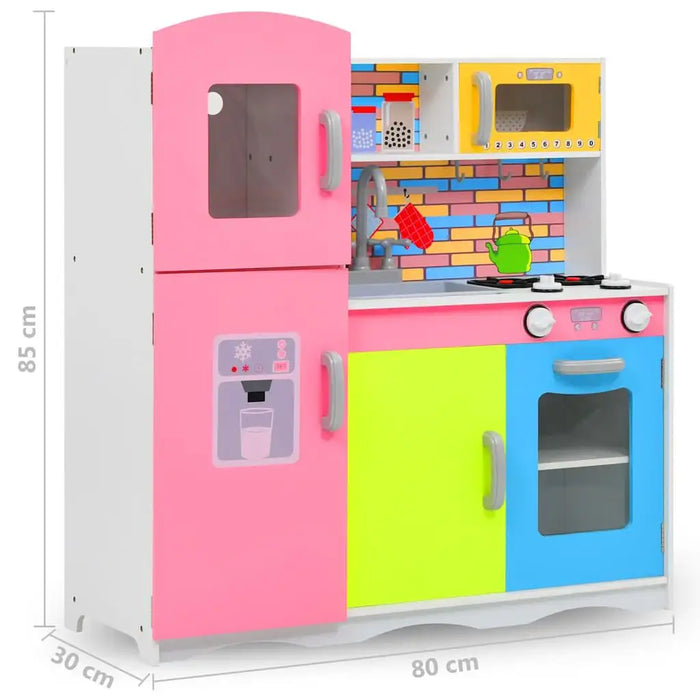 Colorful wooden toy kitchen set with fridge, oven, sink, and brick-patterned backsplash