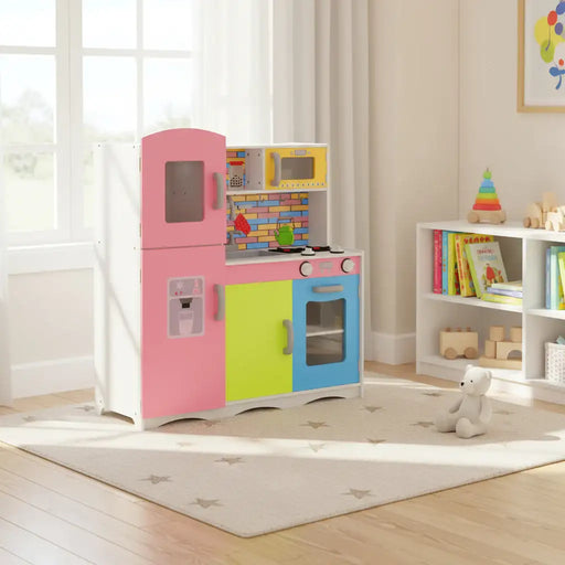 Colorful wooden play kitchen set in bright, sunlit kids room with toys and books
