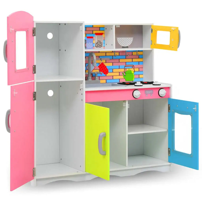 Colorful wooden toy kitchen set with open cabinets, stove, and playful brick backsplash