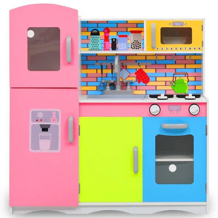 Colorful toy kitchen set with pink fridge, bright cabinets, and brick-patterned backsplash