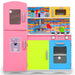 Colorful toy kitchen set with pink fridge, bright cabinets, and brick-patterned backsplash