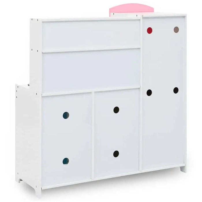 White kids storage cabinet with colorful circular handles and pink accent on top
