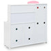 White kids storage cabinet with colorful circular handles and pink accent on top