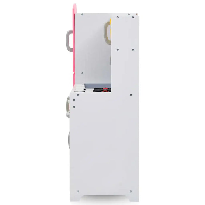 Side view of white and pink kids wooden play kitchen with stove and handles