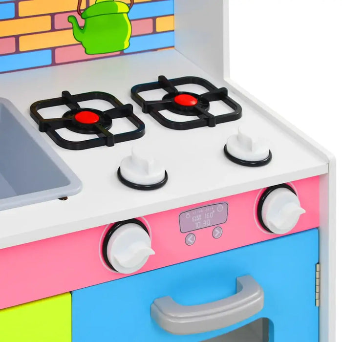 Colorful toy kitchen set with stove knobs, burners, oven, and illustrated brick wall