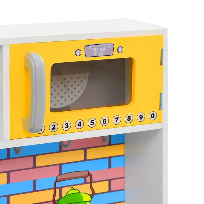 Wooden toy microwave with yellow door, number buttons, and colorful kitchen background.