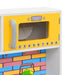 Wooden toy microwave with yellow door, number buttons, and colorful kitchen background.