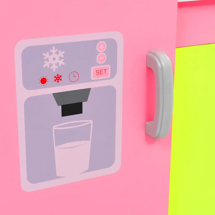 Pink toy refrigerator door with illustrated water dispenser and control panel