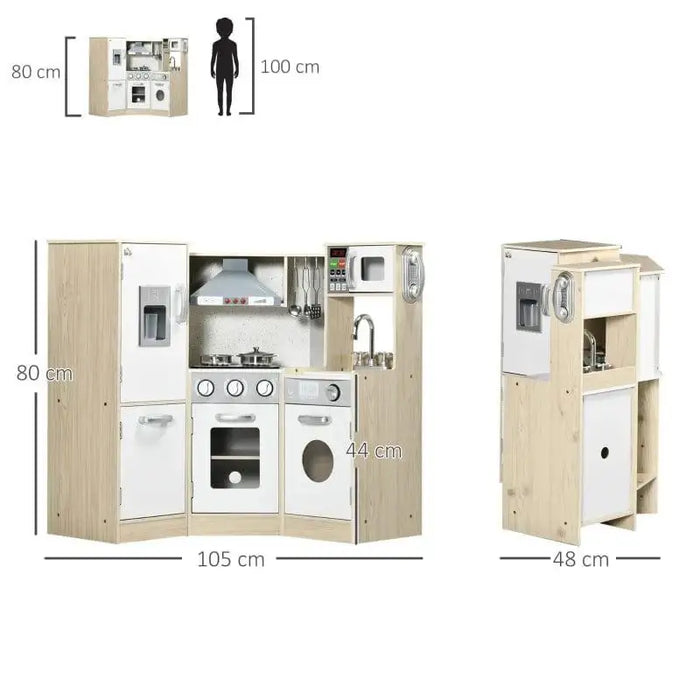Kids wooden kitchen playset in natural and white, with storage, stainless steel accessories, and size dimensions.