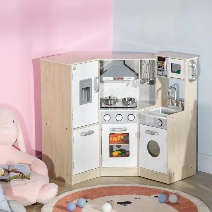Kids wooden kitchen playset in natural and white with storage, oven, and stainless steel accessories