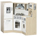 Kids wooden kitchen playset in natural and white with storage and stainless steel accessories