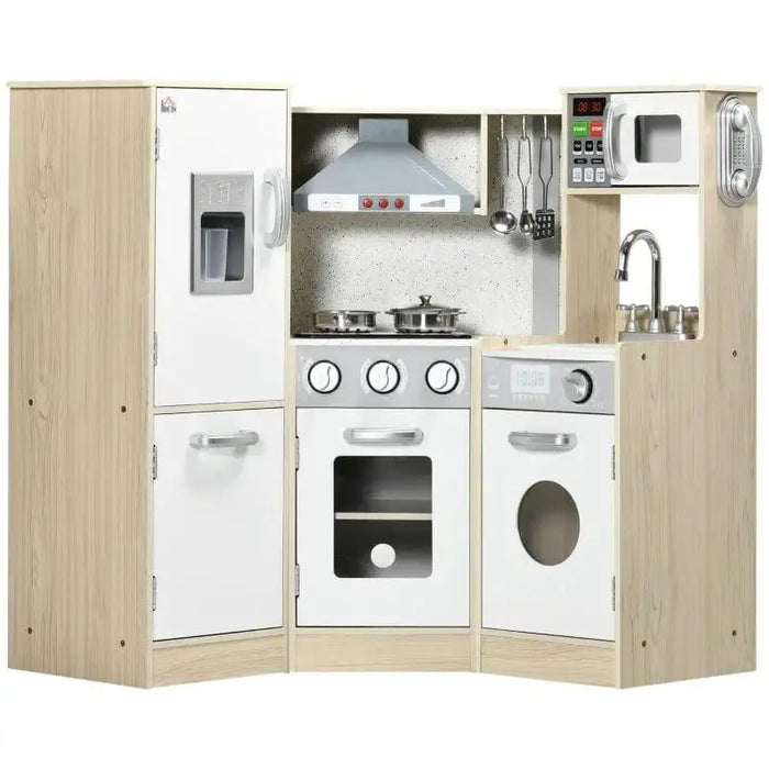 Kids wooden kitchen playset in natural and white with storage and stainless steel accessories