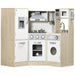 Kids wooden kitchen playset in natural and white with storage and stainless steel accessories