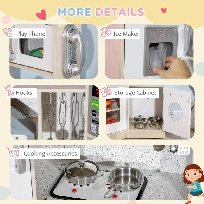 Kids wooden kitchen playset details with play phone, ice maker, hooks, storage cabinet, cooking accessories