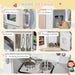 Kids wooden kitchen playset details with play phone, ice maker, hooks, storage cabinet, cooking accessories