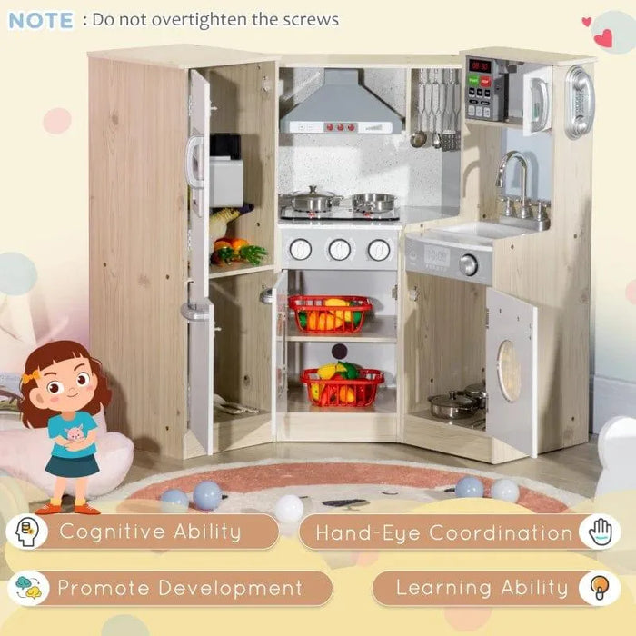 Kids wooden kitchen playset in natural and white with storage, sink, stove, and toy food accessories.
