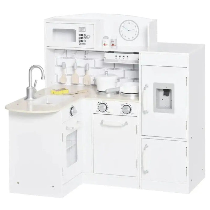 Kids wooden kitchen playset with sink, stove, fridge, microwave, and accessories