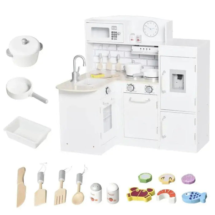 Kids wooden kitchen playset with electronic water dispenser and 14 accessories, white.