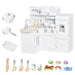 Kids wooden kitchen playset with electronic water dispenser and 14 accessories, white.