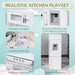 Kids wooden kitchen playset with microwave, water tank, range hood, fridge, and water dispenser.