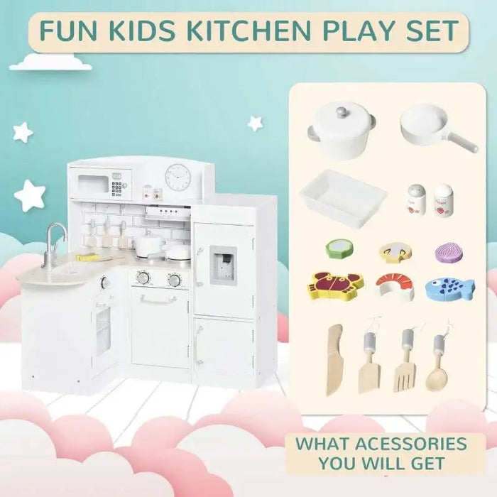 Kids wooden kitchen playset in white with electronic water dispenser and 14 accessories displayed.
