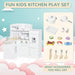 Kids wooden kitchen playset in white with electronic water dispenser and 14 accessories displayed.