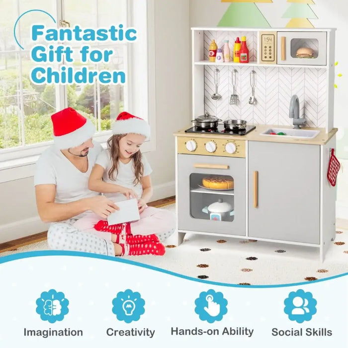 Kids Wooden Kitchen Playset | Stove, Oven and Sink – Pretend Cooking Toy with Lights COSTWAY - Little and Giant Explorers Costway