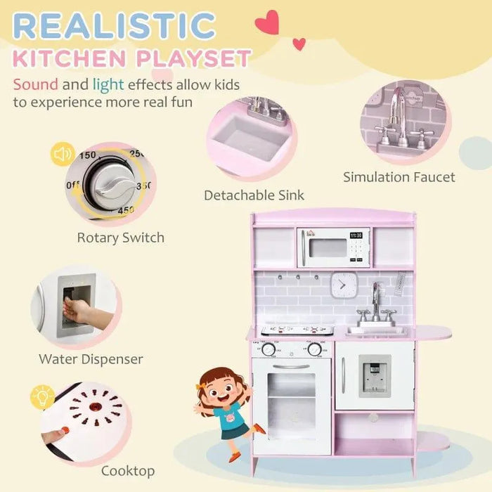 Kids wooden kitchen playset in pink and white with toy microwave, sink, and storage features.