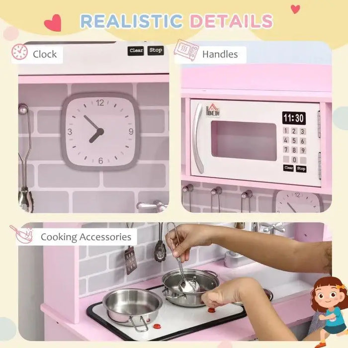 Kids pink and white wooden kitchen playset with toy clock, microwave, and cooking accessories
