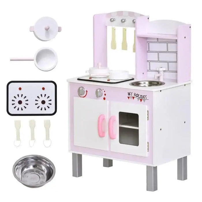 Pink wooden kids kitchen playset with utensils, pots, pans, and pretend sink and stove