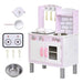 Pink wooden kids kitchen playset with utensils, pots, pans, and pretend sink and stove