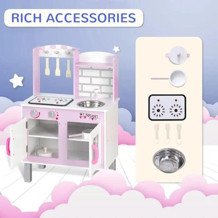 Pink wooden kids kitchen playset with utensils, pots, and open cabinets on a cloud background.