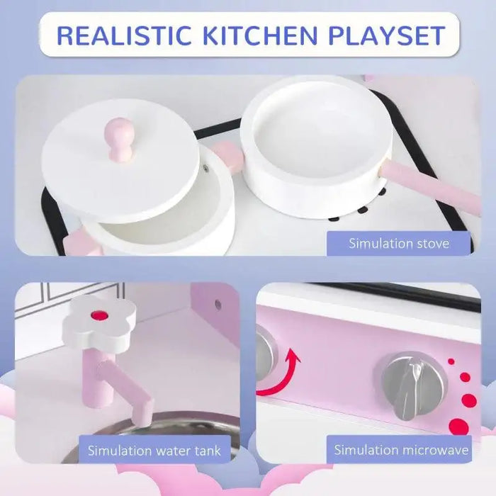 Pink kids' wooden kitchen playset with pretend stove, water tank, and microwave features.