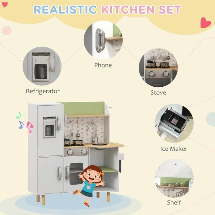 Kids wooden kitchen playset in white and green with refrigerator, stove, sink, phone, and shelf.
