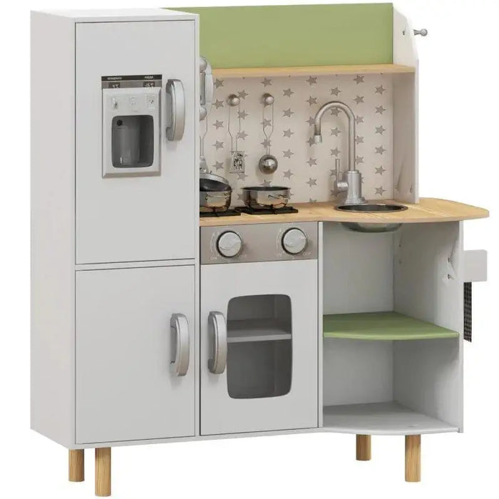 Kids wooden kitchen playset in white and green with refrigerator, stove, sink and utensils.