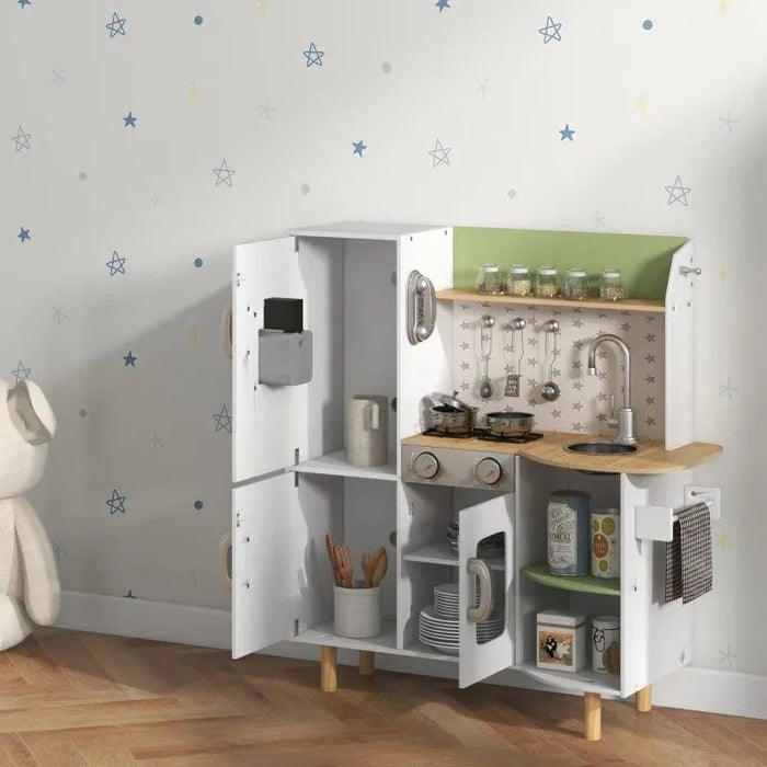 Kids white and green wooden kitchen playset with refrigerator, stove, and sink