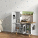 Kids white and green wooden kitchen playset with refrigerator, stove, and sink
