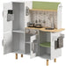 Kids wooden kitchen playset in white and green with refrigerator, stove, sink, and utensils.