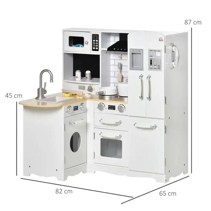 Kids wooden kitchen playset in white with sink, stove, oven, dishwasher, and 14 accessories