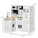 Kids wooden kitchen playset in white with sink, stove, oven, dishwasher, and 14 accessories