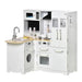 Kids white wooden kitchen playset with sink, stove, oven, dishwasher and toy accessories