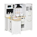 White kids wooden kitchen playset with sink, stove, dishwasher, and 14 accessories included