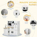 White wooden kids kitchen playset with oven, microwave, detachable sink, and 14 accessories.