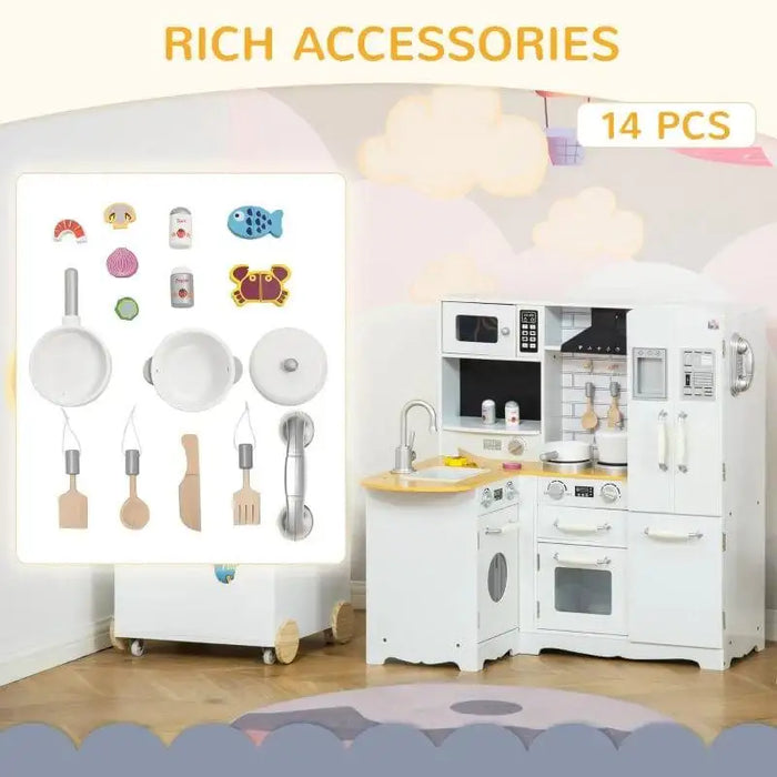 White kids wooden kitchen playset with dishwasher and 14 cooking accessories included
